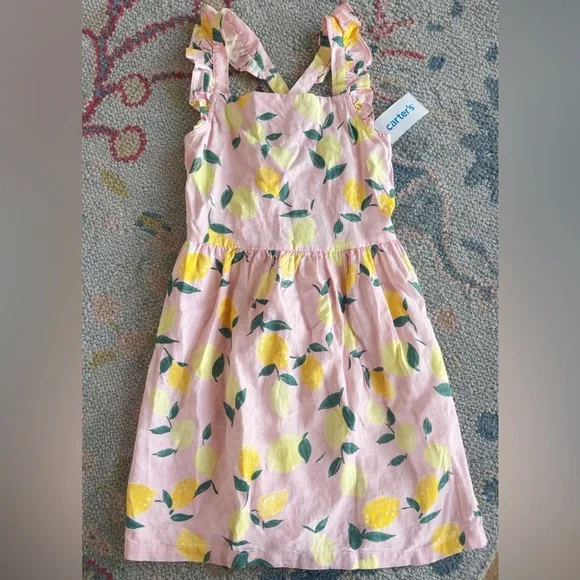 Carter’s Pink Lemon Print Sundress Girls Size 8 NWT Linen Blend - Picture 1 of 5